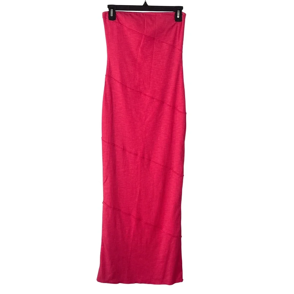 Prettygarden Strapless Bright‎ Pink Bodycon Midi Dress Chic Small Fitted Bold